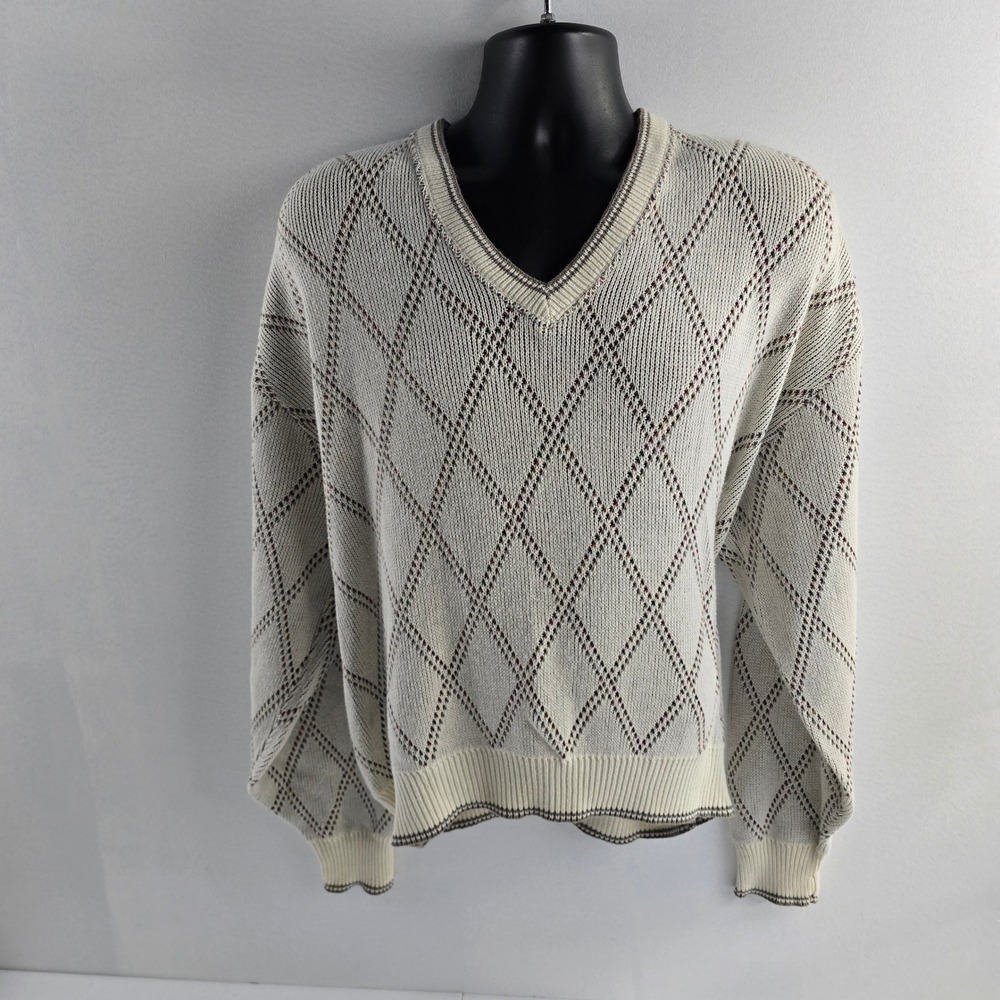 Isle of Cotton XL V-Neck Knit‎ Sweater Argyle Diamond Pattern USA Made Menswear